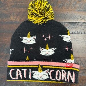 Women’s Caticorn Black Cuffed Beanie with Pom Pom
